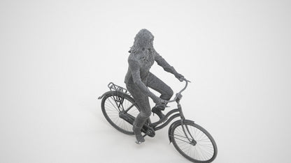 3D scanned woman cycling casual, photorealistic archviz people for Enscape and SketchUp, wireframe three-quarter view