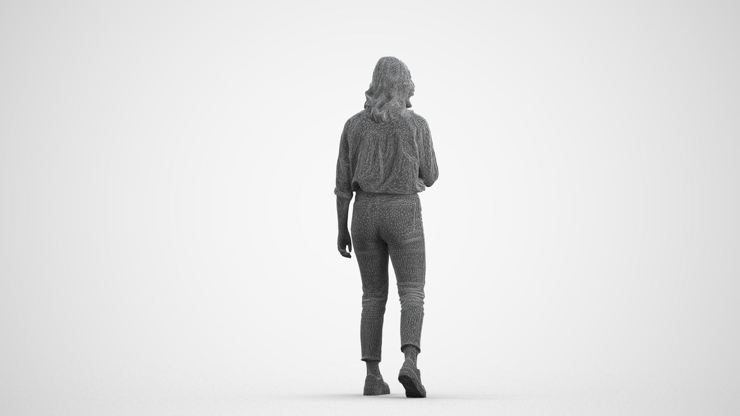 scanned 3D woman casual walking, photogrammetry people for Enscape and V-Ray, wireframe front view