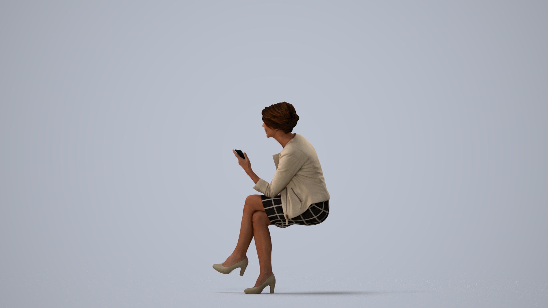 realistic 3D human woman business sitting, archviz people FBX OBJ for Blender, three-quarter view render