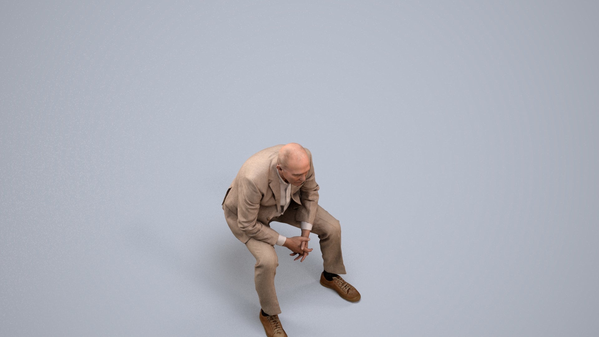 3D human model senior man business sitting, photogrammetry scanned person for archviz, back view render