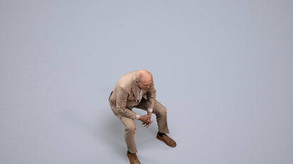 3D human model senior man business sitting, photogrammetry scanned person for archviz, back view render