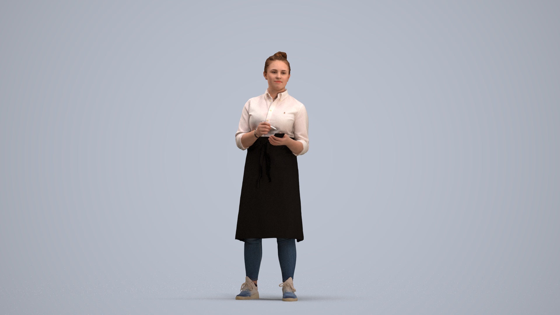 3D human model woman standing, photogrammetry scanned person for archviz, standing pose render