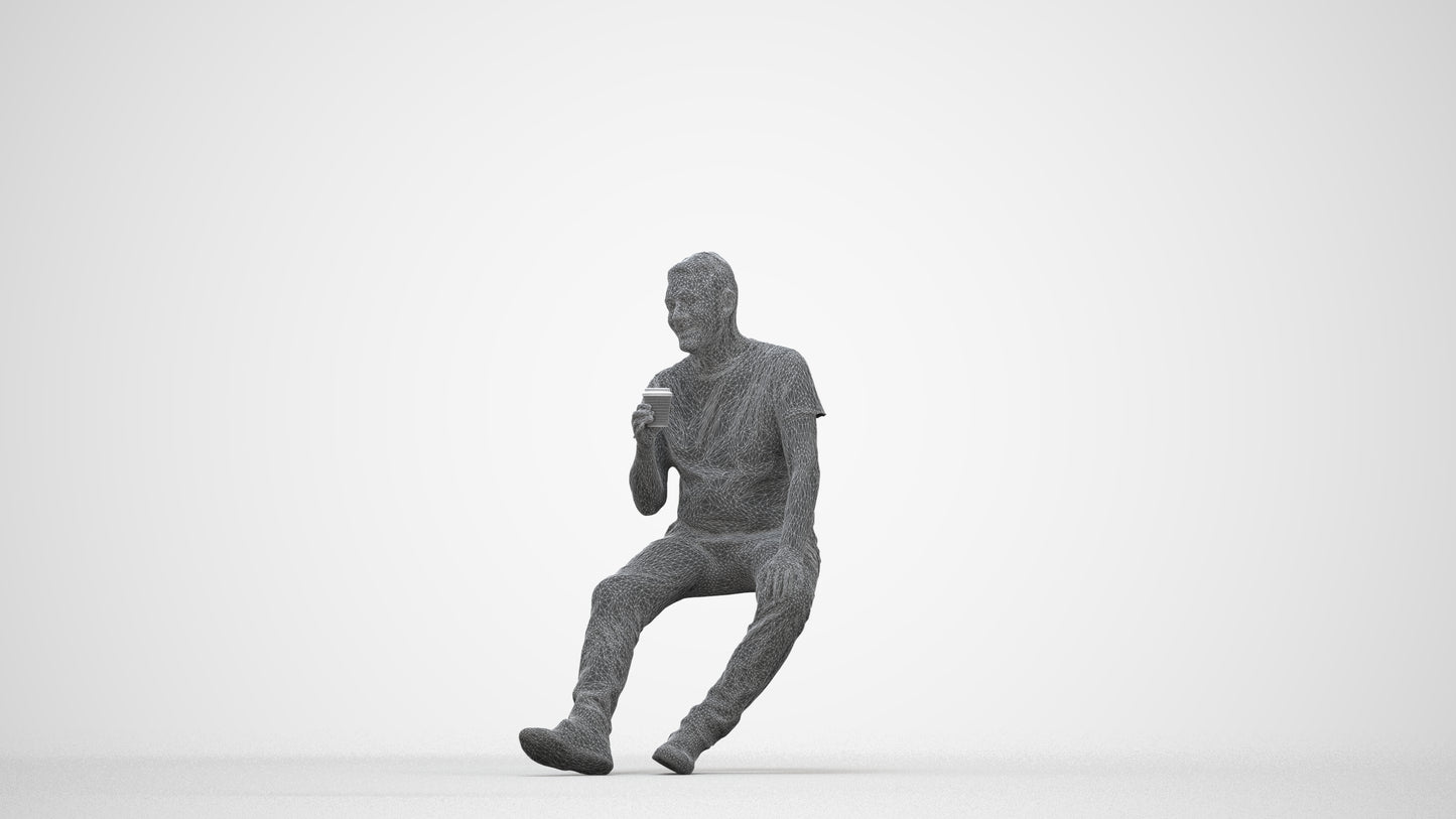 scanned 3D senior man casual sitting, photogrammetry people for Enscape and V-Ray, wireframe back view