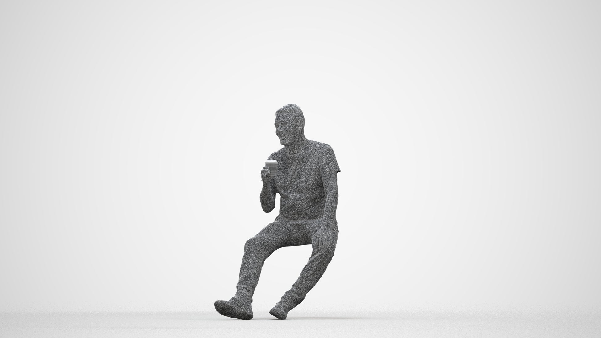scanned 3D senior man casual sitting, photogrammetry people for Enscape and V-Ray, wireframe back view