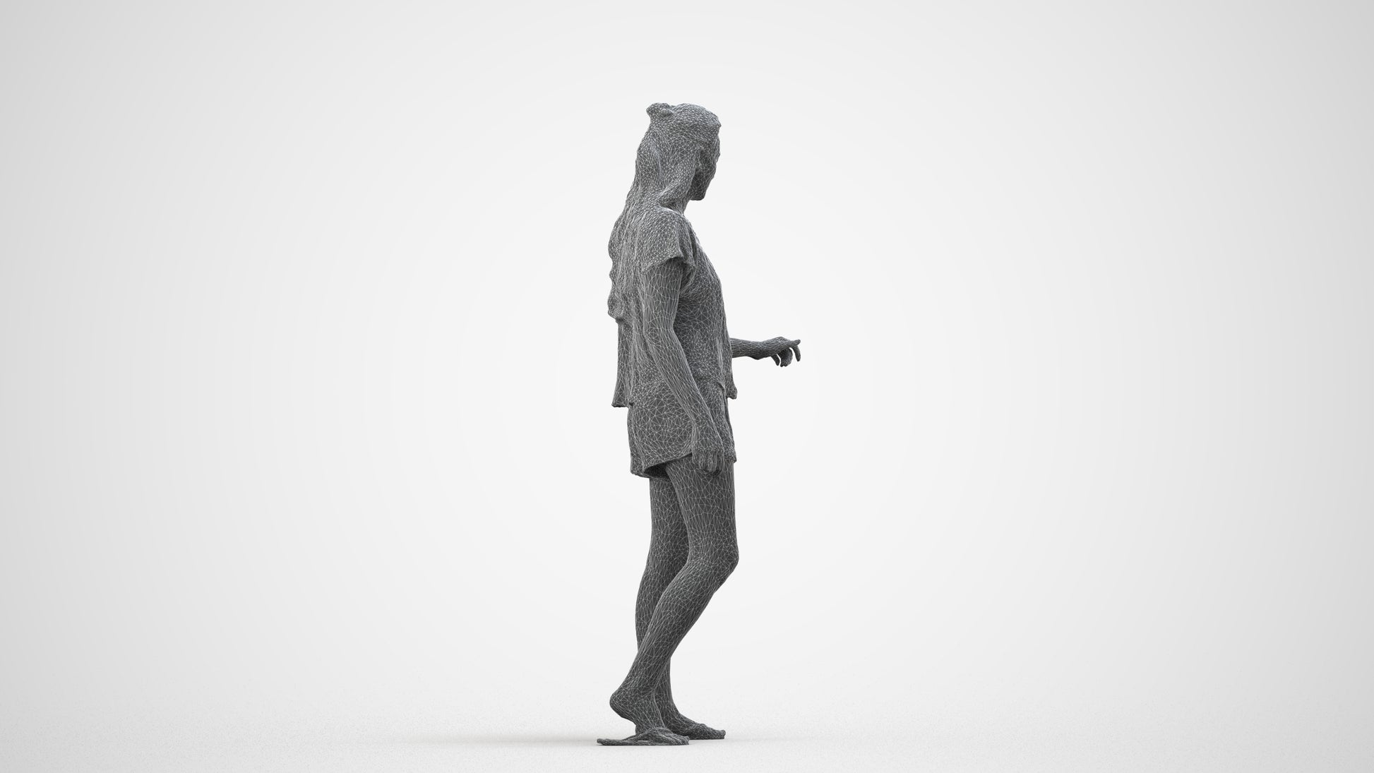 photogrammetry 3D woman casual door, realistic human model archviz FBX, wireframe side view