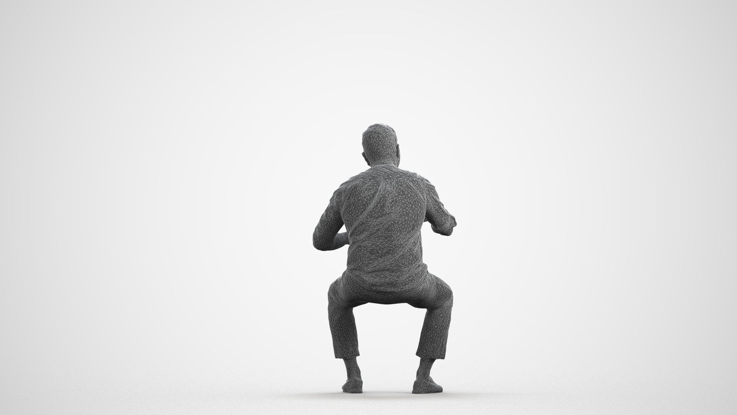 realistic 3D man casual sitting, scanned archviz people for Blender and 3ds Max, wireframe front view