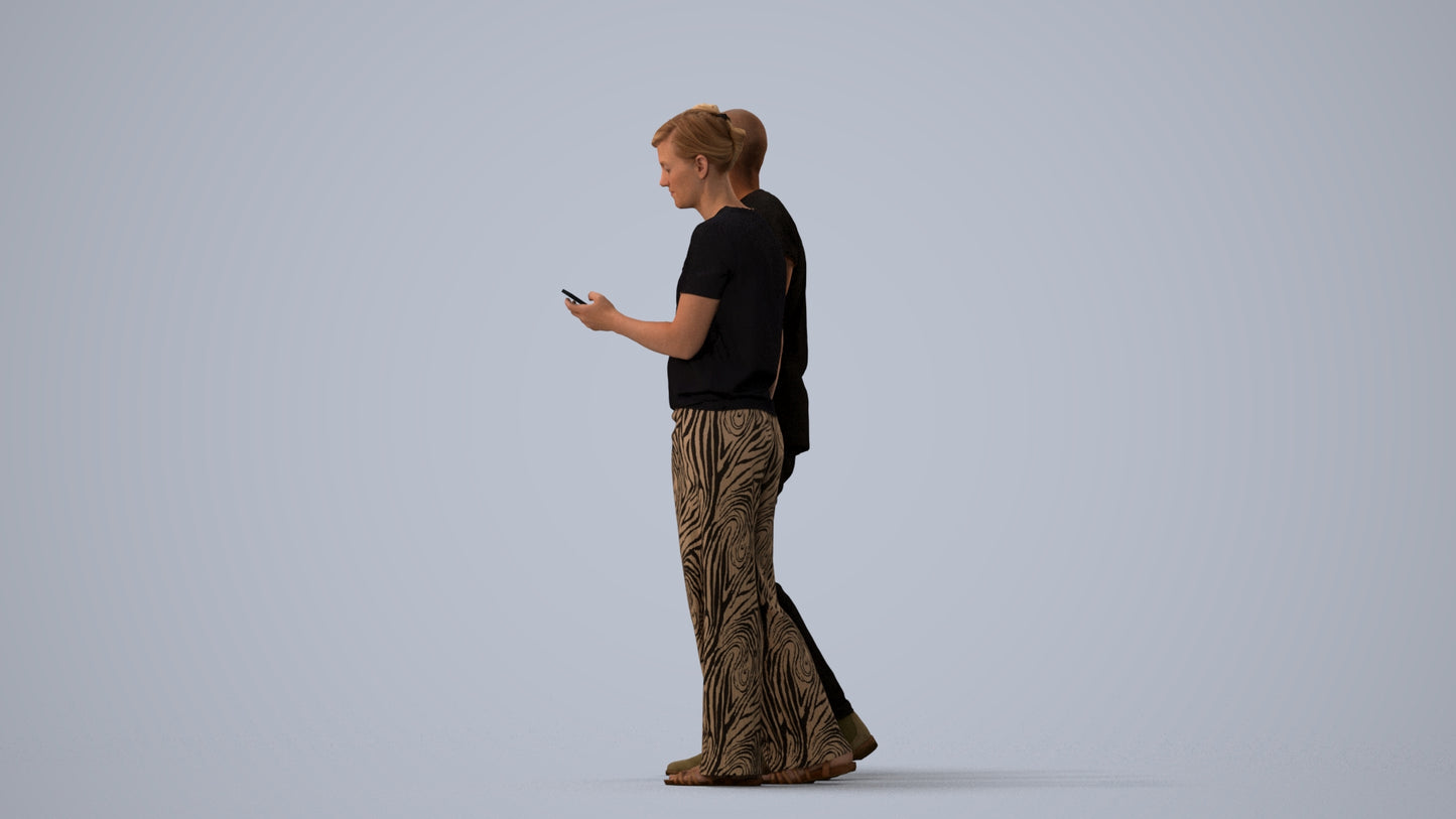 realistic 3D human woman casual couple, archviz people FBX OBJ for Blender, three-quarter view render