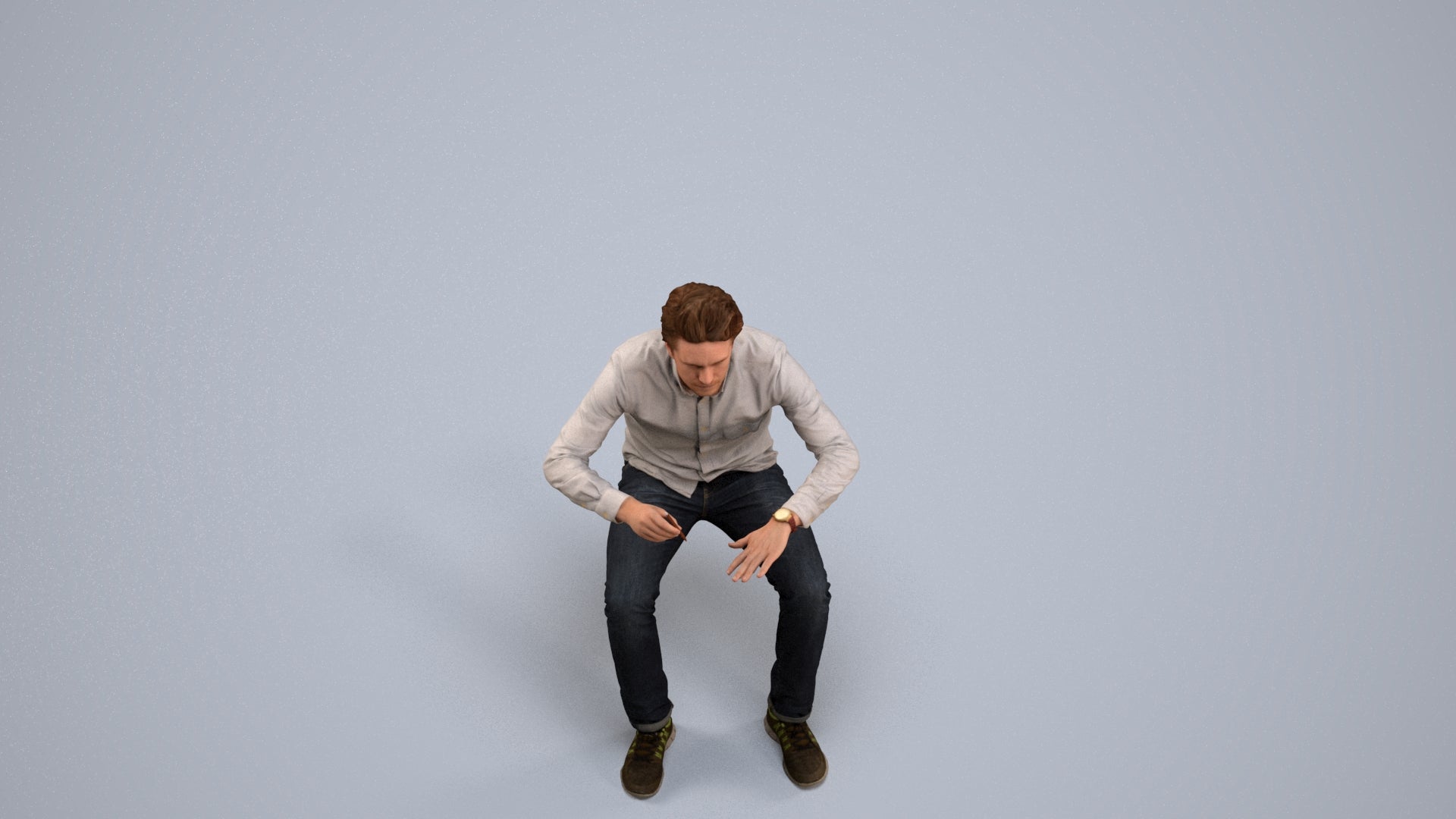 3D people model man casual sitting, scanned human for 3ds Max rendering, back view render