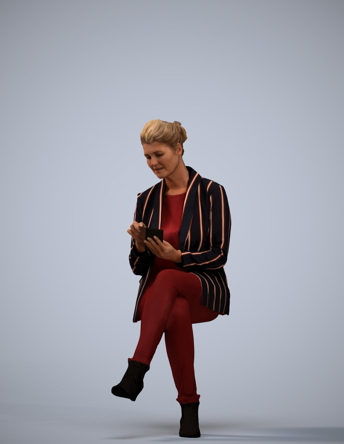 3D human model woman business sitting, photogrammetry scanned person for archviz