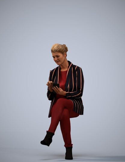 3D human model woman business sitting, photogrammetry scanned person for archviz