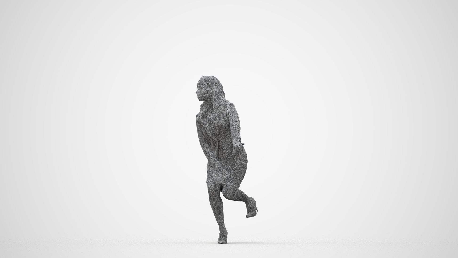 3D human model woman business sitting, photogrammetry scanned person for archviz, wireframe back view