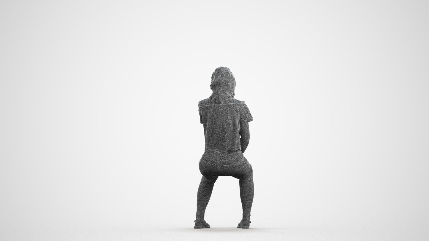 realistic 3D human woman casual sitting, archviz people FBX OBJ for Blender, wireframe front view