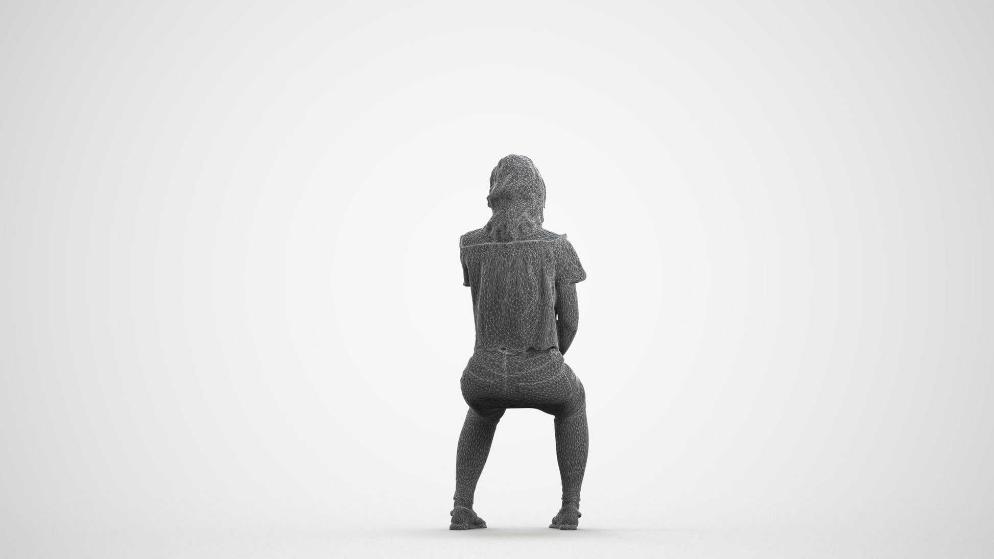 realistic 3D human woman casual sitting, archviz people FBX OBJ for Blender, wireframe front view