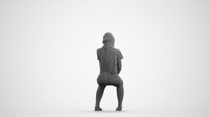 realistic 3D human woman casual sitting, archviz people FBX OBJ for Blender, wireframe front view