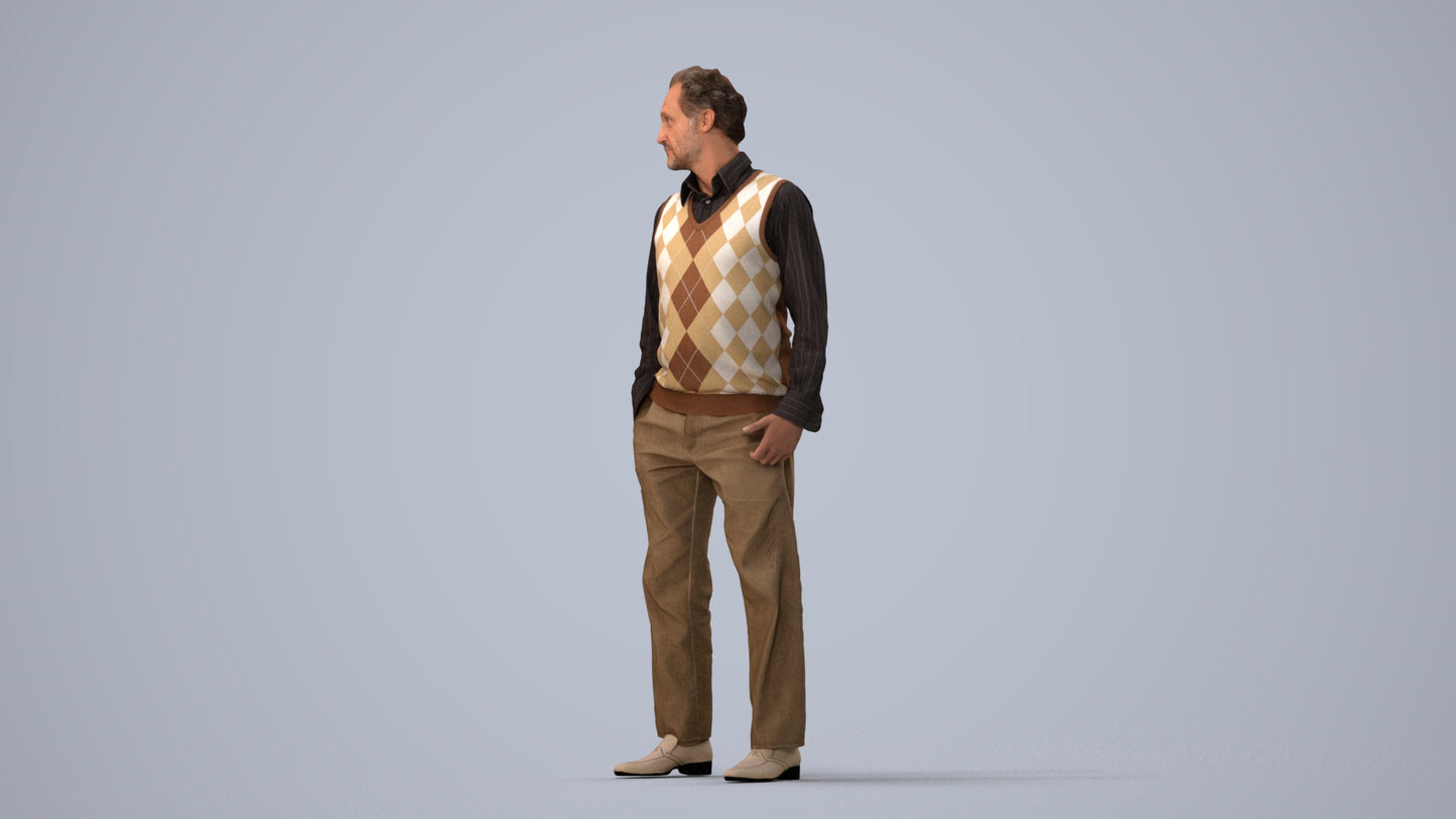 realistic 3D human man business standing, archviz people FBX OBJ for Blender, three-quarter view render