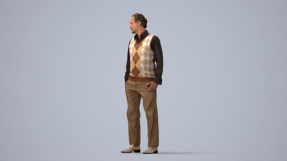 realistic 3D human man business standing, archviz people FBX OBJ for Blender, three-quarter view render