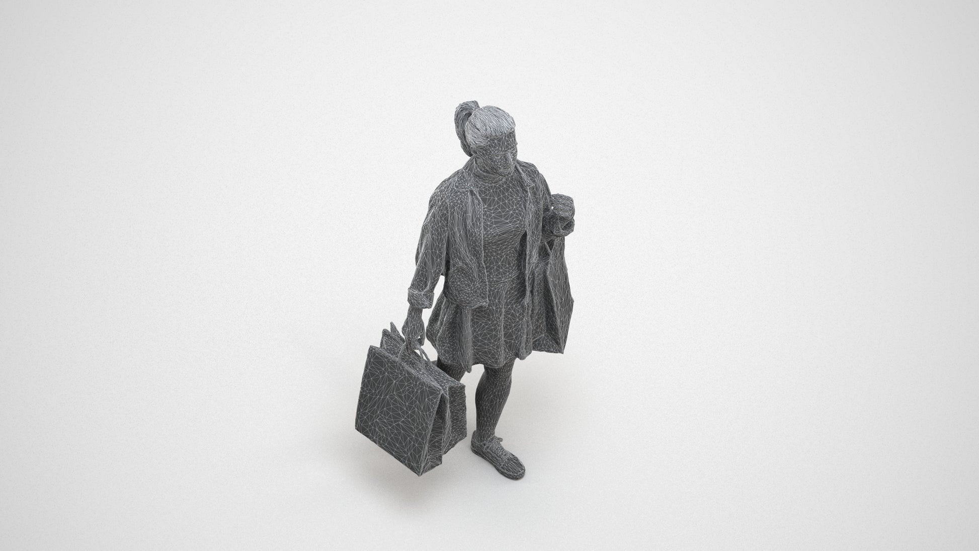 realistic 3D human woman casual walking, archviz people FBX OBJ for Blender, wireframe three-quarter view