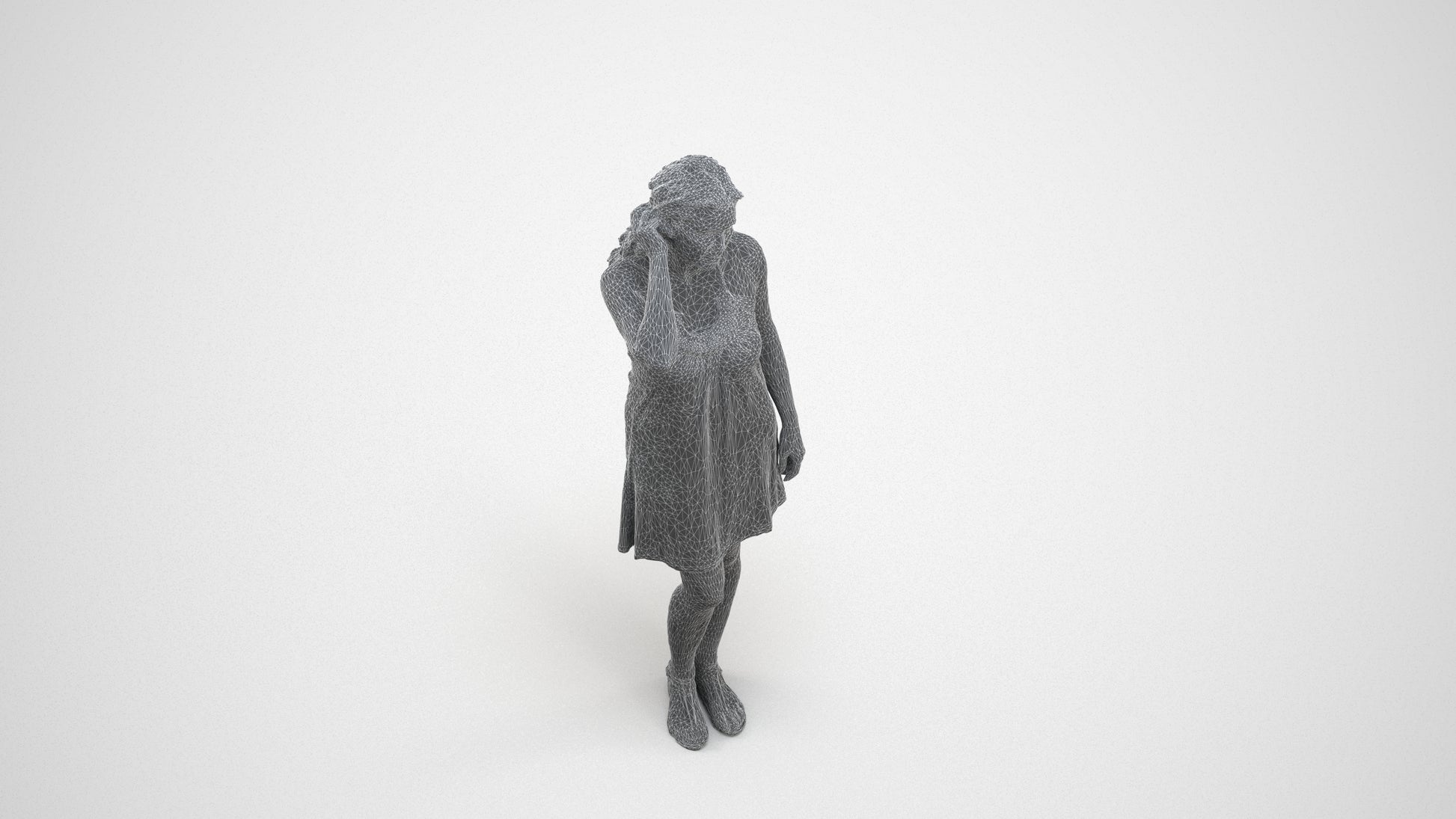 3D human model woman standing, photogrammetry scanned person for archviz, wireframe three-quarter view