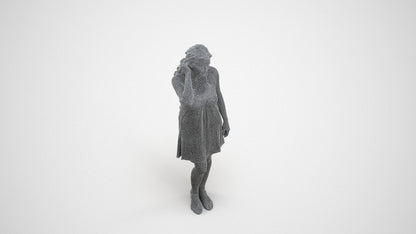3D human model woman standing, photogrammetry scanned person for archviz, wireframe three-quarter view