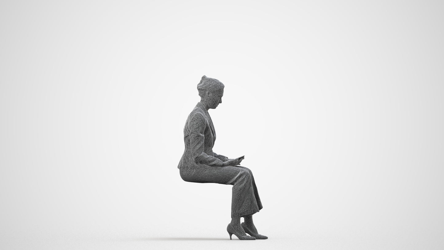 photogrammetry 3D woman business sitting, realistic human model archviz FBX, wireframe side view