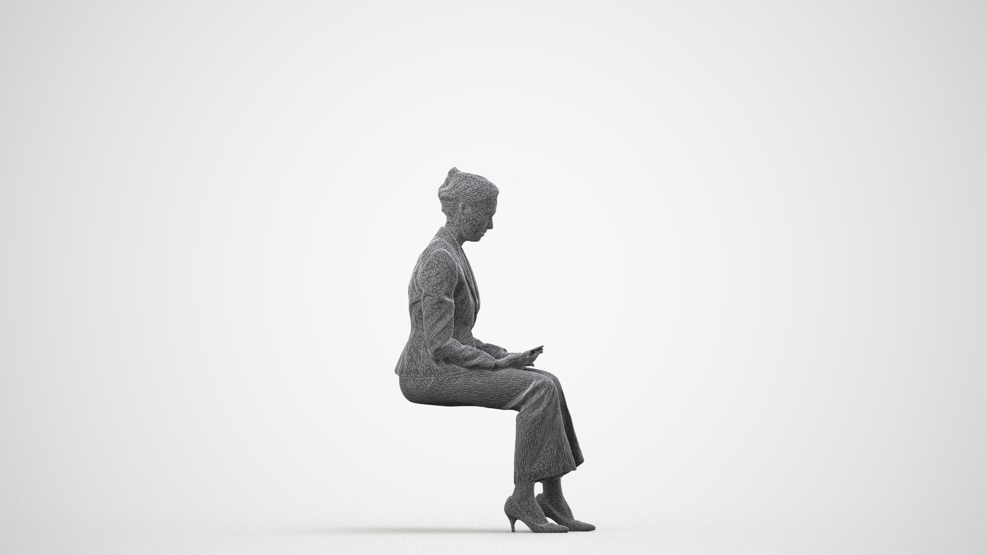photogrammetry 3D woman business sitting, realistic human model archviz FBX, wireframe side view