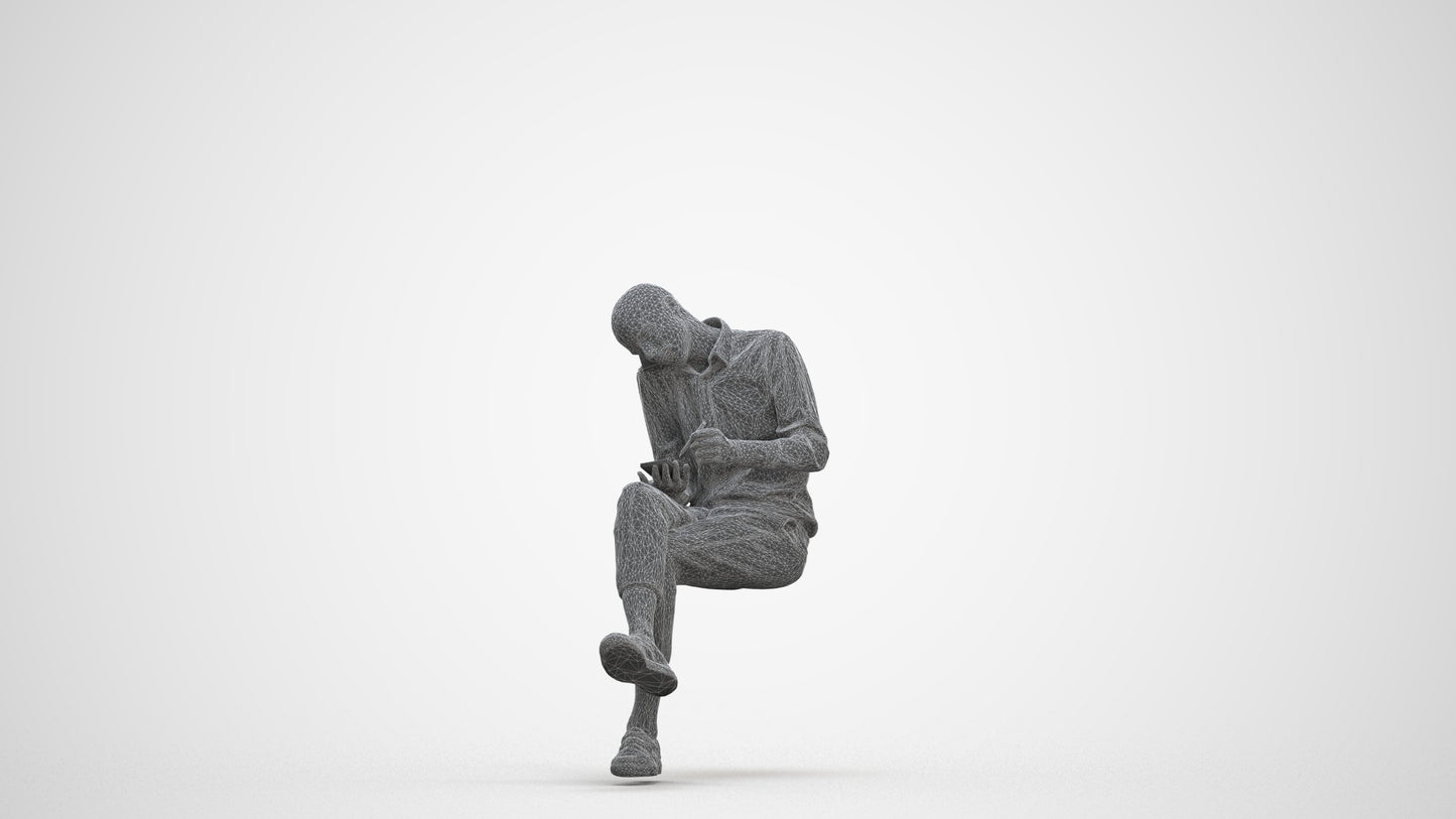 realistic 3D human man casual sitting, archviz people FBX OBJ for Blender, three-quarter front view render