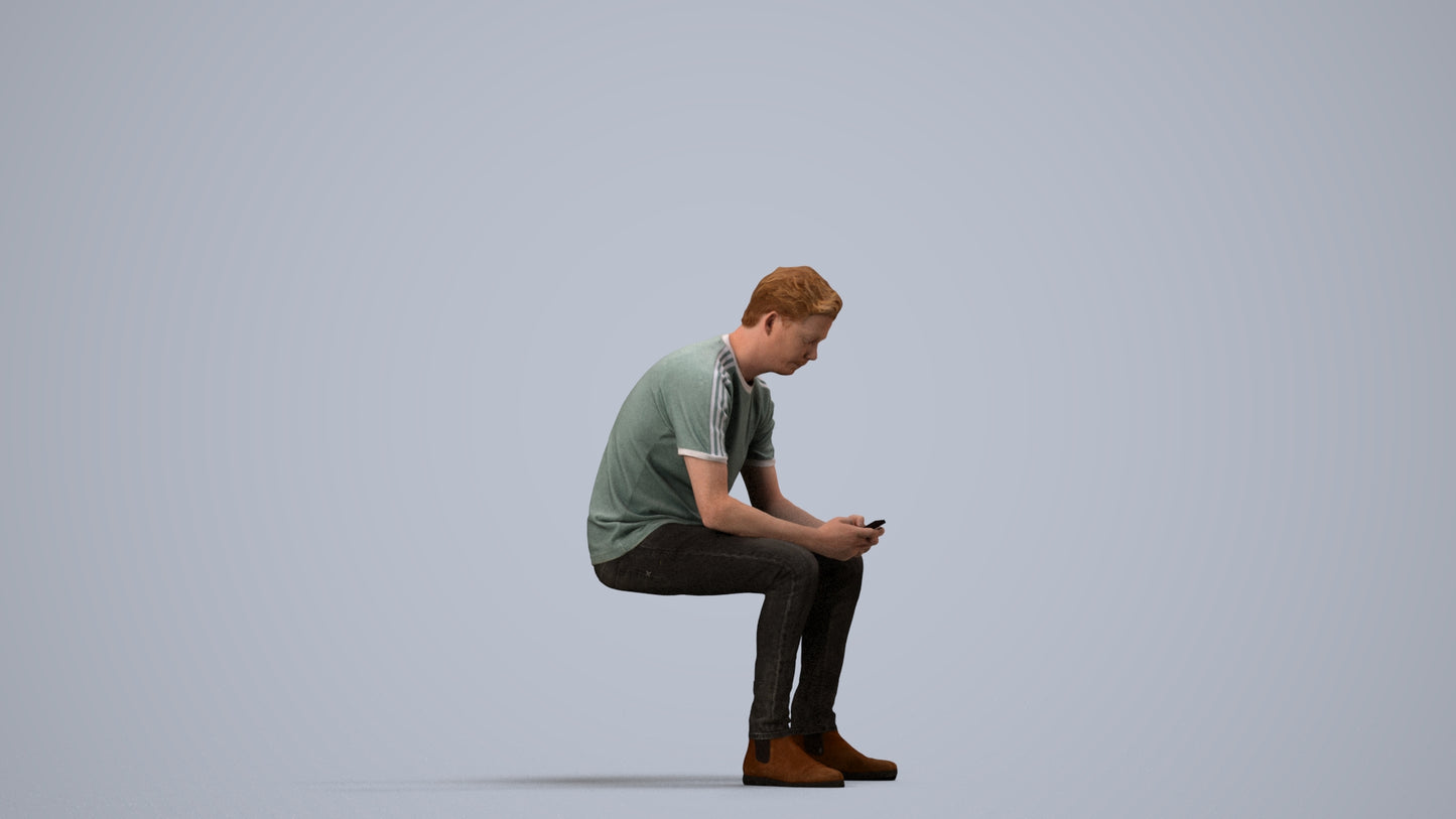 photogrammetry 3D man casual sitting, realistic human model archviz FBX, side view render