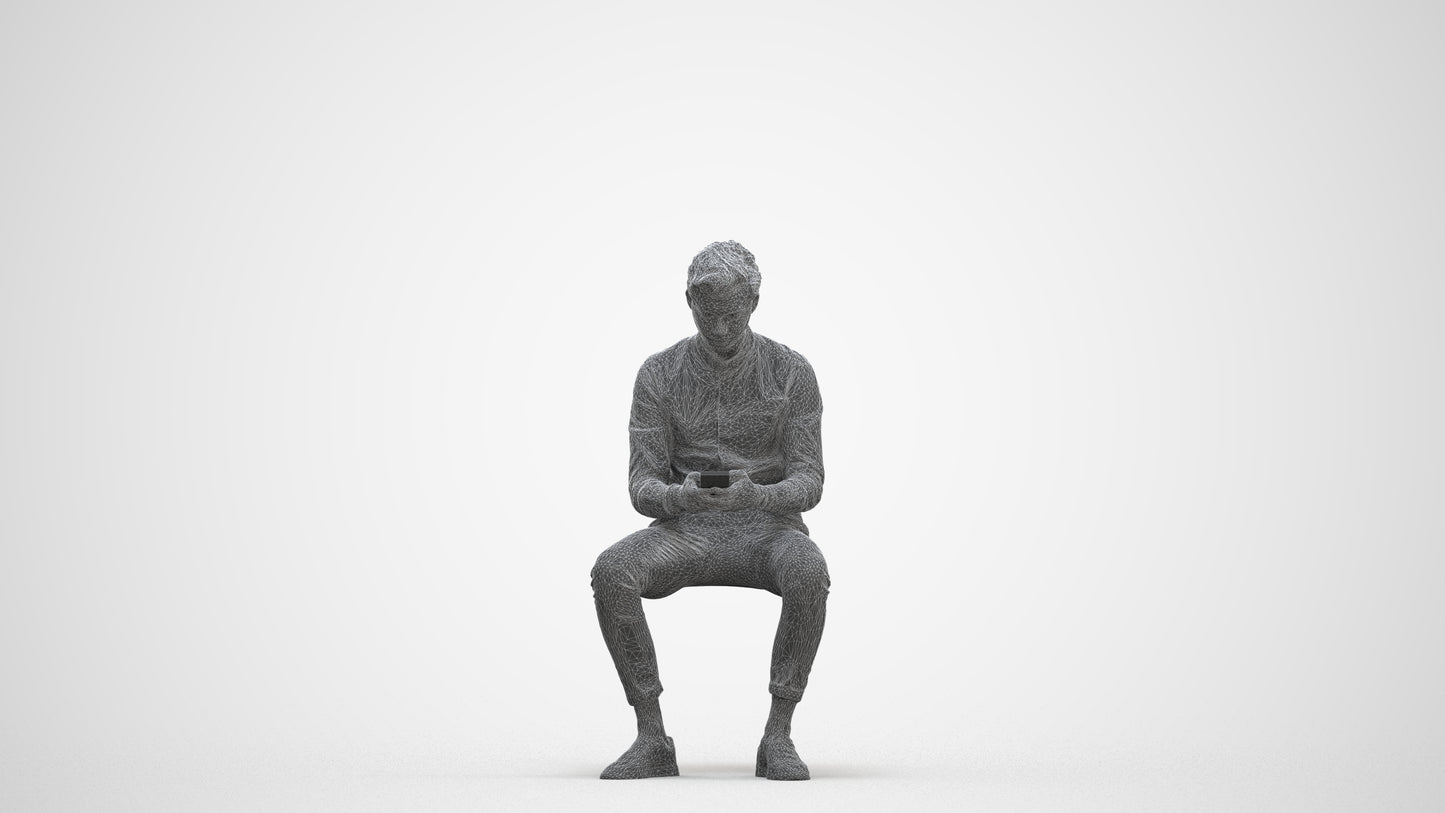 photogrammetry 3D man casual sitting, realistic human model archviz FBX, three-quarter front view render