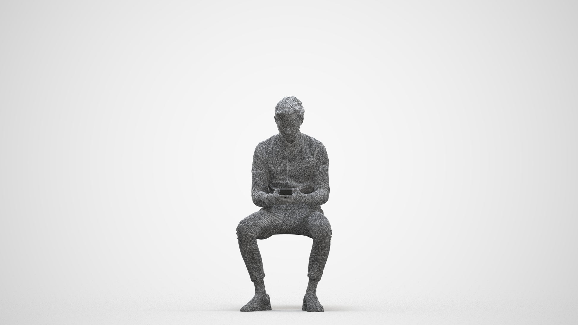 photogrammetry 3D man casual sitting, realistic human model archviz FBX, three-quarter front view render