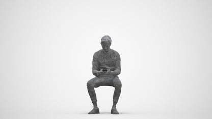 photogrammetry 3D man casual sitting, realistic human model archviz FBX, three-quarter front view render