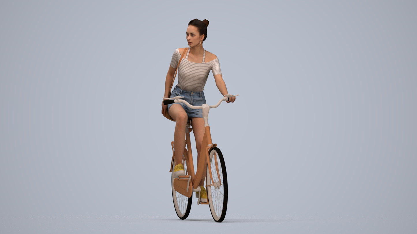 realistic 3D human woman casual cycling, archviz people FBX OBJ for Blender, top-down view render