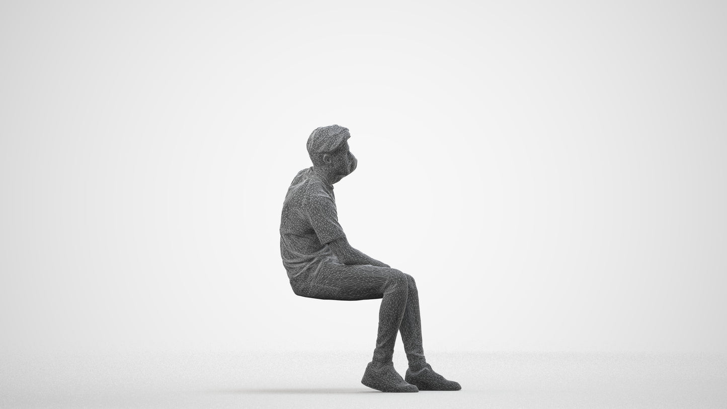 realistic 3D man casual sitting, scanned archviz people for Blender and 3ds Max, wireframe side view