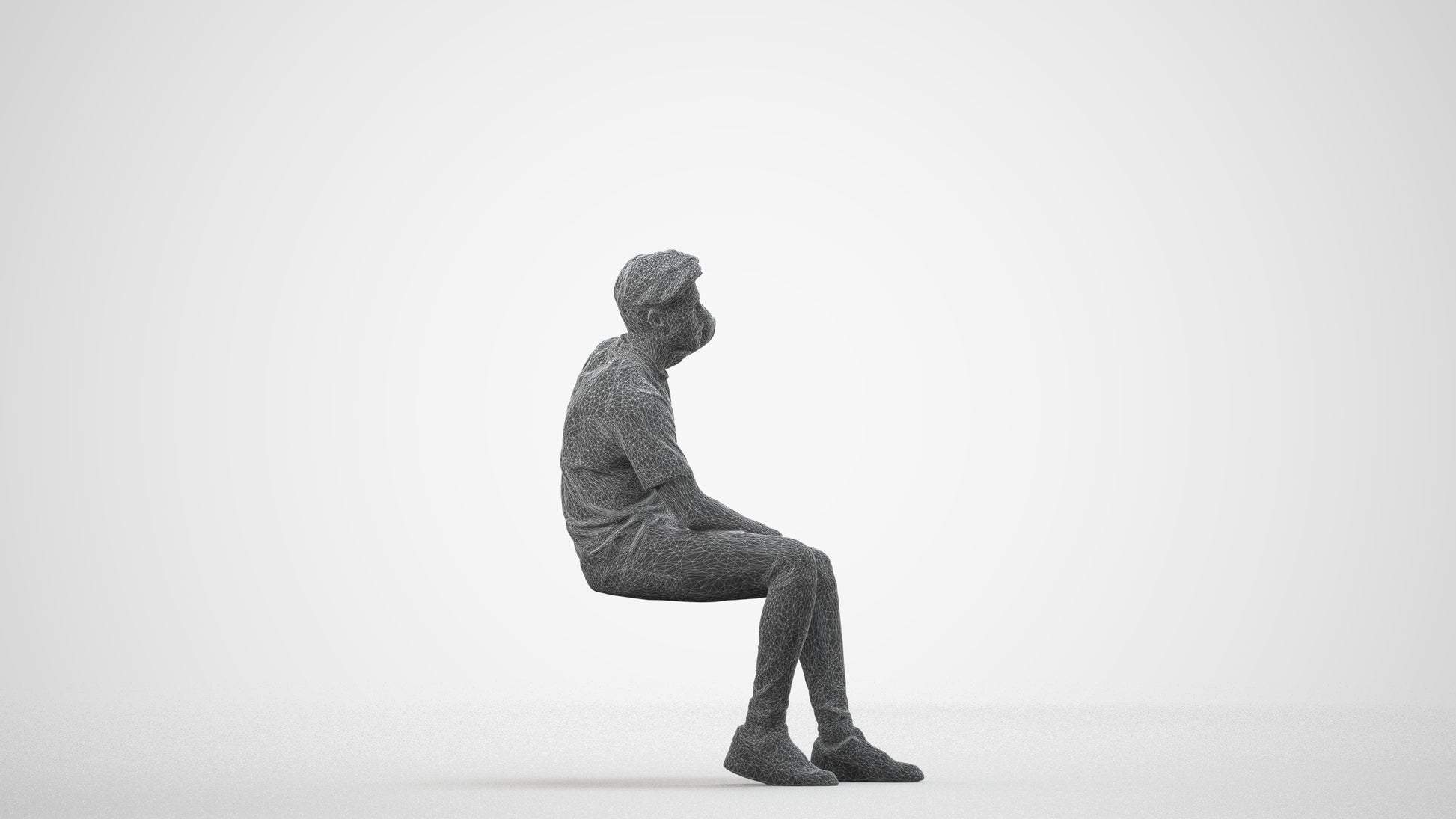 realistic 3D man casual sitting, scanned archviz people for Blender and 3ds Max, wireframe side view