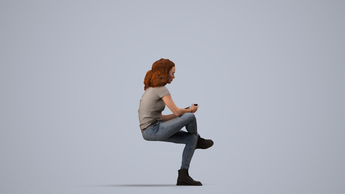 realistic 3D people woman casual sitting, render-ready for V-Ray and Corona, FBX OBJ, side view render