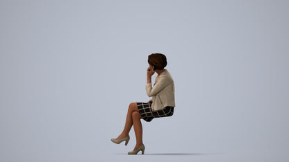 photogrammetry 3D woman business sitting, realistic human model archviz FBX, three-quarter view render