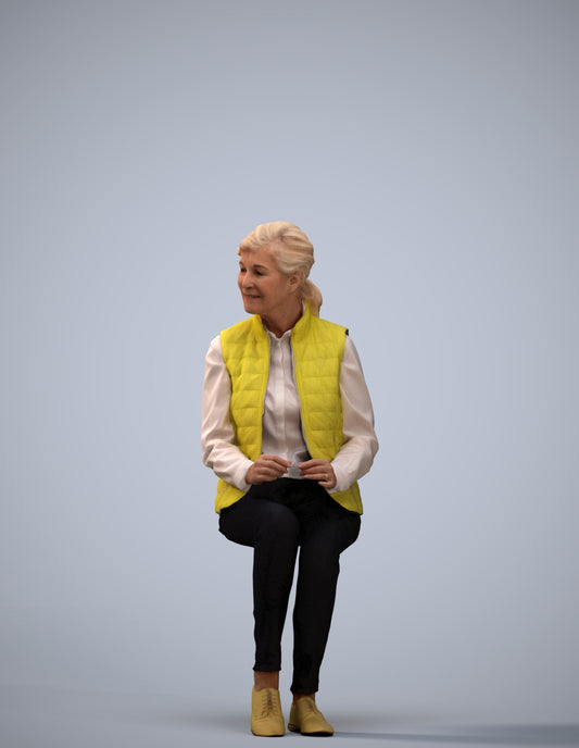 scanned 3D senior woman casual sitting, photogrammetry people for Enscape and V-Ray
