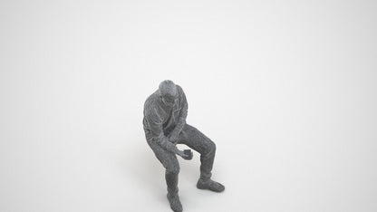 3D people model man casual sitting, scanned human for 3ds Max rendering, wireframe three-quarter view