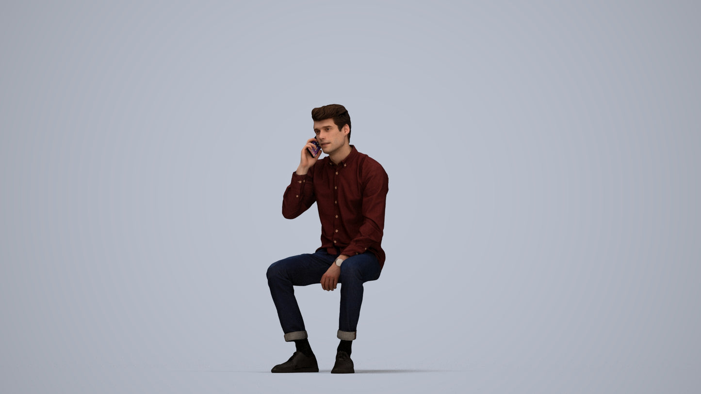 3D people model man casual sitting, scanned human for 3ds Max rendering, top-down view render