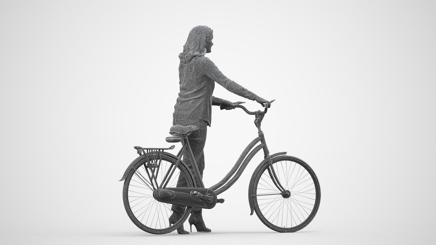 realistic 3D human woman casual cycling, archviz people FBX OBJ for Blender, wireframe side view
