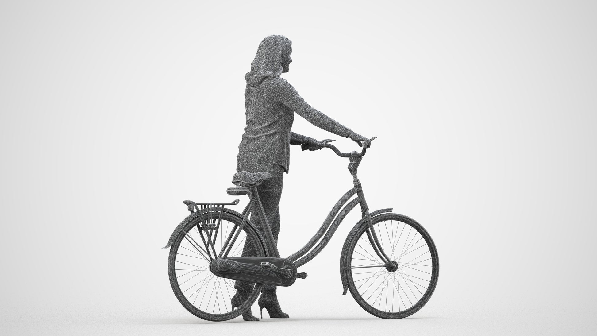 realistic 3D human woman casual cycling, archviz people FBX OBJ for Blender, wireframe side view