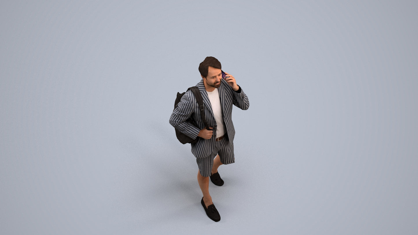 3D human model man business walking, photogrammetry scanned person for archviz, back view render