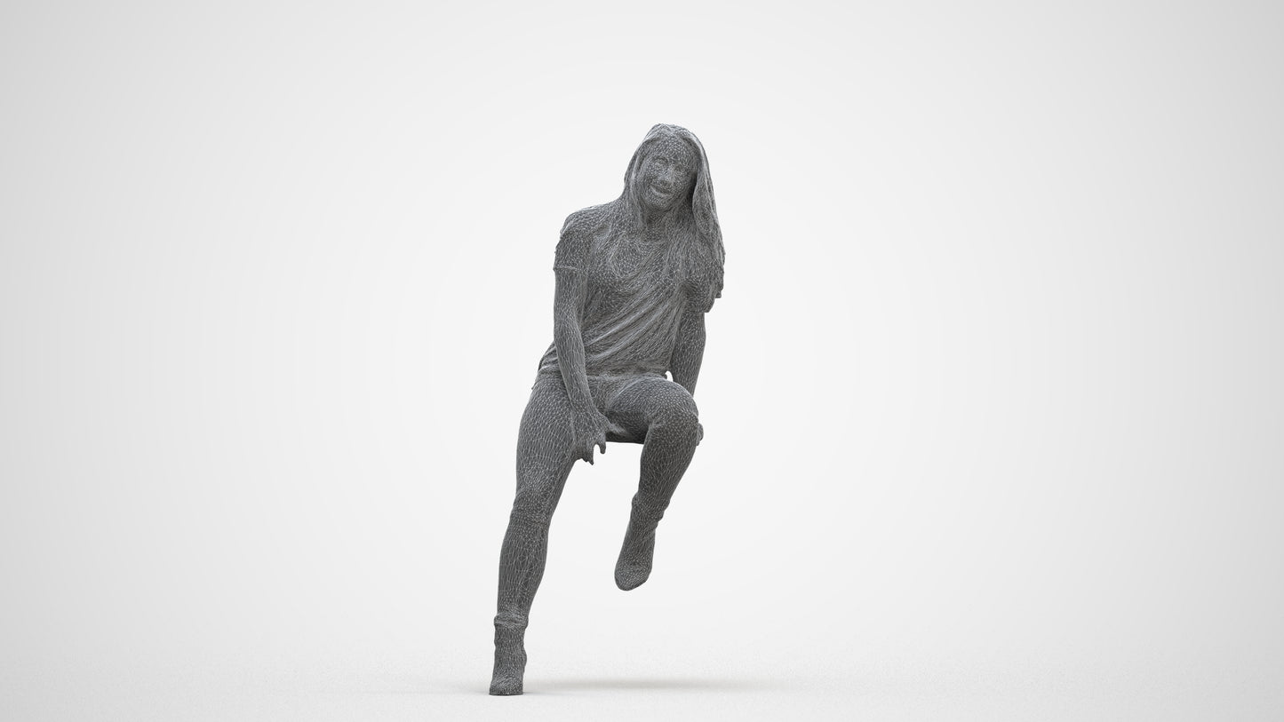 realistic 3D woman casual sitting, scanned archviz people for Blender and 3ds Max, three-quarter front view render