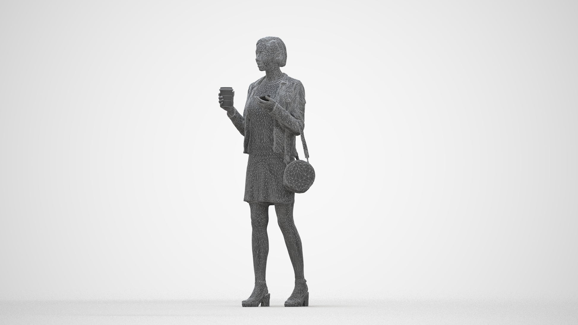 realistic 3D people woman casual standing, render-ready for V-Ray and Corona, FBX OBJ, wireframe back view