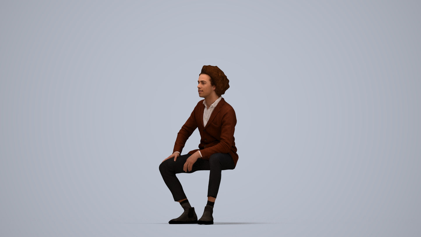 3D human model man business sitting, photogrammetry scanned person for archviz, top-down view render