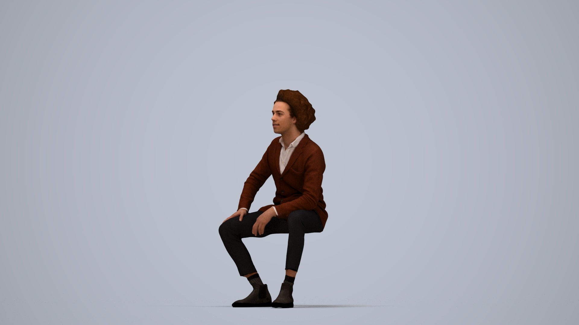 3D human model man business sitting, photogrammetry scanned person for archviz, top-down view render