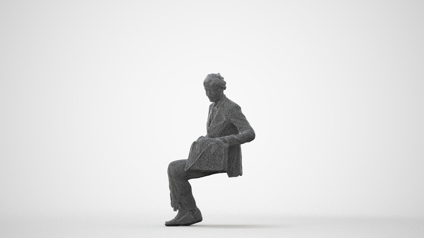3D human model senior woman business sitting, photogrammetry scanned person for archviz, square thumbnail