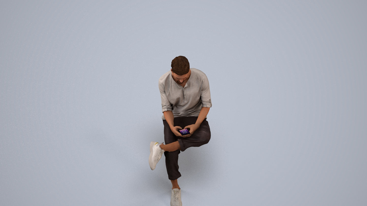 3D human model man casual sitting, photogrammetry scanned person for archviz, back view render