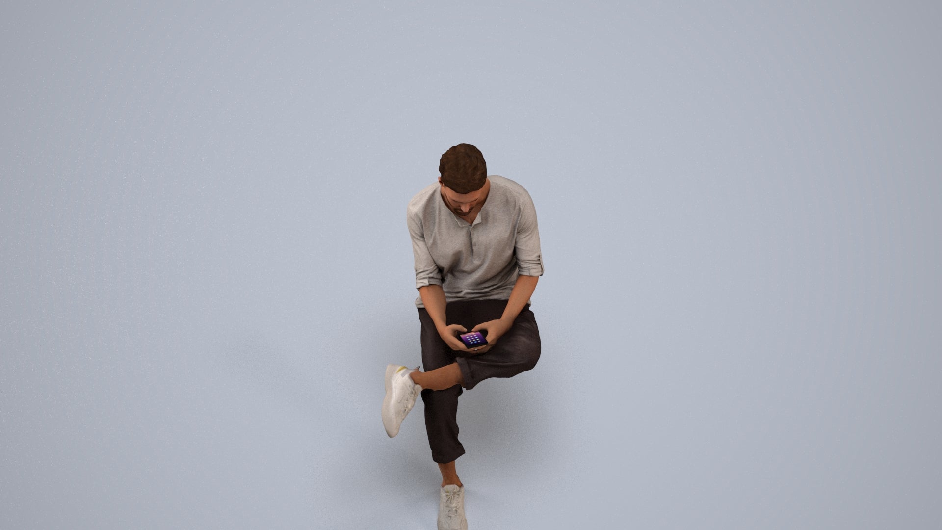 3D human model man casual sitting, photogrammetry scanned person for archviz, back view render
