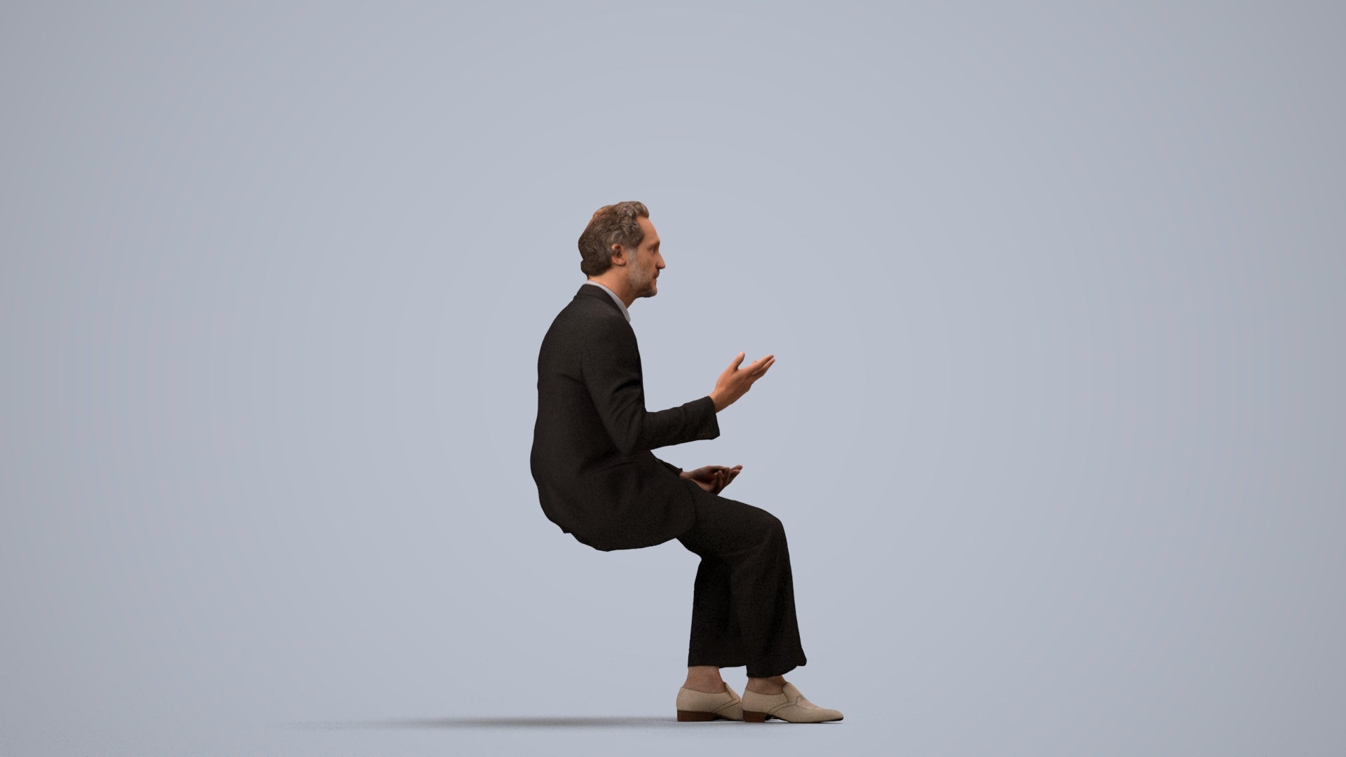 3D human model man business, photogrammetry scanned person for archviz, side view render