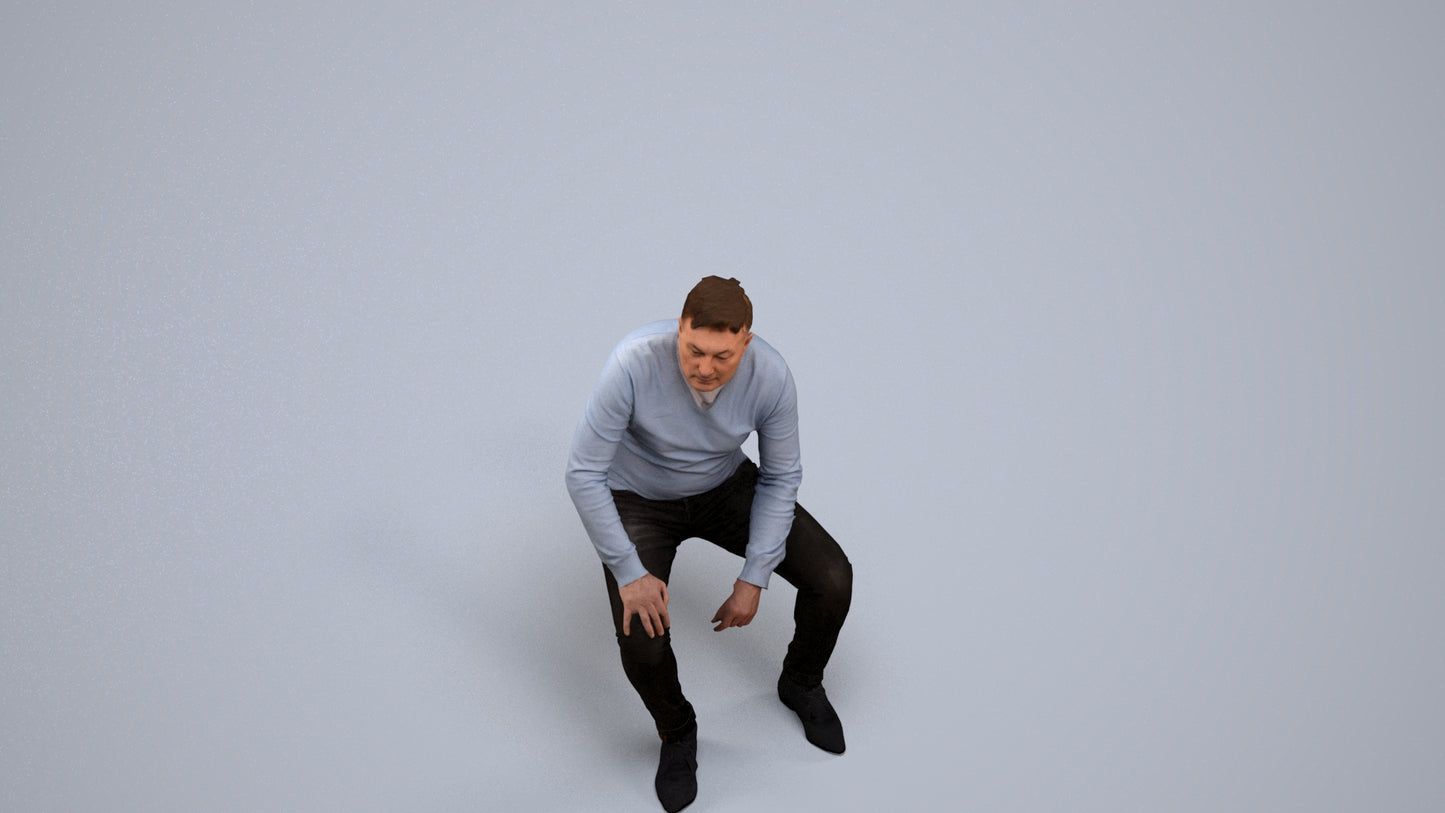 3D human model man casual sitting, photogrammetry scanned person for archviz, back view render